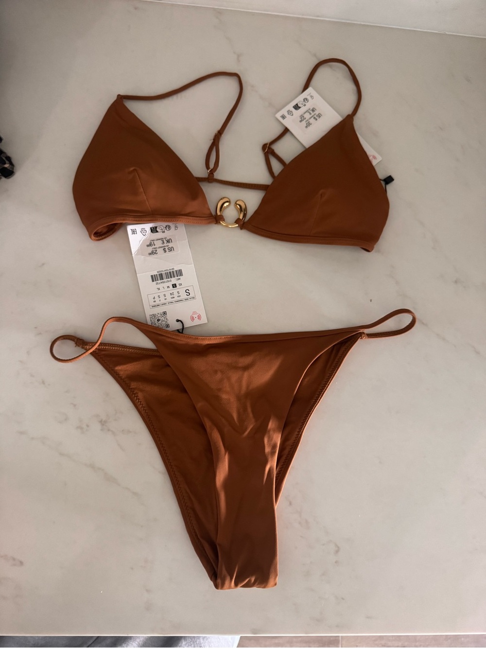 Zara Copper Brown Triangle Bikini with Gold Ring Detail